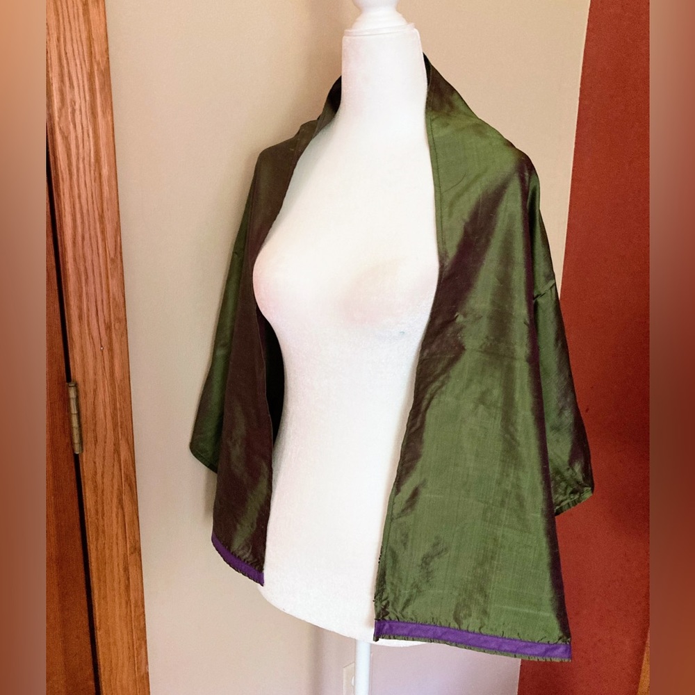 Vintage ETRO Italy Raw Silk Olive Green Purple Sheen Oblong Scarf Shawl 56”x18” - Picture 3 of 13